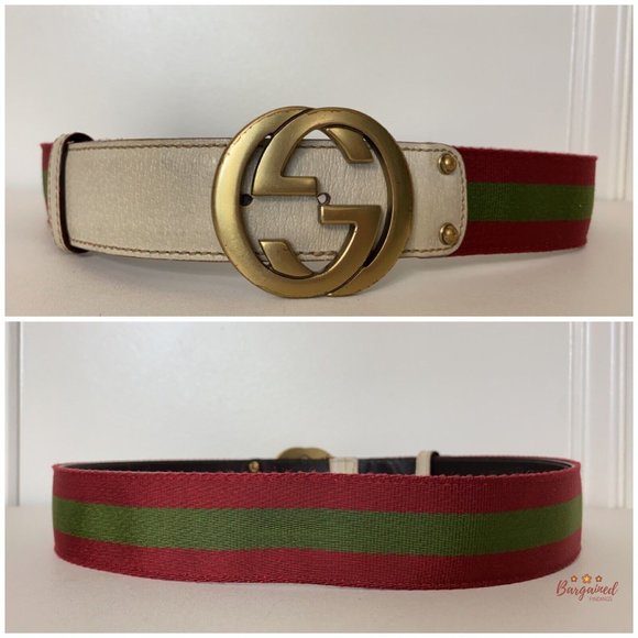 Authentic Gucci Red/Green Web Leather Gold Interlocking G Buckle Belt 85/34 - Picture 6 of 13